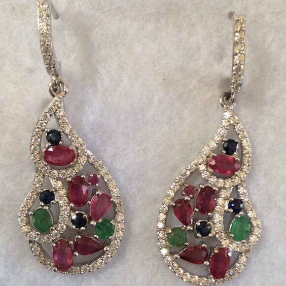 Jewelry - NWT 14k WHITE GOLD Ruby Emerald Sapphire Earrings MSRP $450